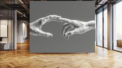 Elegant woman hands sculpture,Hand to Hand,White woman hands 3d showing, reaching from above, pointing and presenting gesture to cosmetic product.black and white,3d rendering. Wall mural