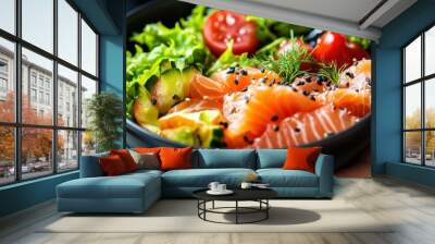 Healthy Young woman holding Salted salmon salad bowl with fresh green lettuce,smoked salmon,tomato,Ketogenic,diet lunch bowl,enjoy eat clean vegetables after exercise,Healthy food concept. Wall mural