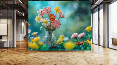 Lego flowers in vase decor on beige background,decoration in living room,Lego block toys in the shape of flowers in various colors,lego toy concept. Wall mural