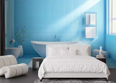 Luxury bathroom interior with blue walls with white bathtub and sink with vertical mirror standing in stylish bathroom in apartment with panoramic window on city view,3D rendering. Wall mural