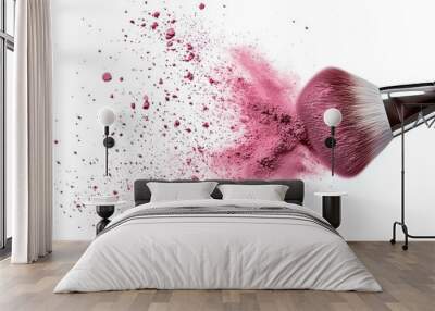 Make up brushes with Pink powder splashes isolated on studio backdrop,Makeup artist tools,an array of professional make-up brushesshowcasing beauty tools for daily makeup application. Wall mural