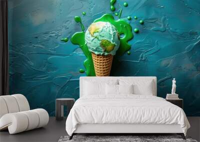 Melting earth icecream conewith the World map pattern on green background,Global warming and climate change concept,world travel,Saving environment,save clean planet,ecology concept. Wall mural