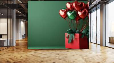 Open gift box full of decorative festive object with Christmas red Heart balloons and ribbons,Valentine's Day,Holiday banner,web poster, flyer, stylish brochure, greeting card,sale online,xmas day. Wall mural