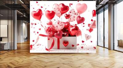 Open gift box full of decorative festive object with Heart balloons and ribbons,Valentine's Day,Holiday banner,web poster, flyer, stylish brochure, greeting card,sale online,Romantic background. Wall mural