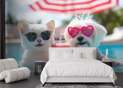 Persian cat and Puppy white maltese dog wearing pink heart sunglasses sitting and eating watermelon on beach chair and beach umbrella by the sea in resting summer vacation,pet friendly concept. Wall mural