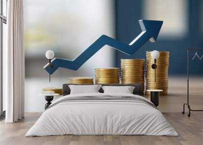 Real estate investment with A Blue house model surrounded by stacks of coins on a table, symbolizing real estate investment and financial growth,Concept for property ladder,Saving money. Wall mural