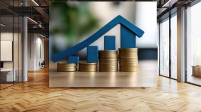 Red Upward arrow on money coin stack as growth graph steps in home shape symbol,Savings, income, home investment, real estate price value, property profit concepts,the rising price of real estate. Wall mural