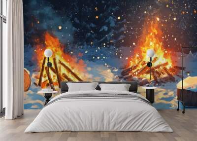 Roasted marshmallows on sticks are being grilled over the fire flames. Marshmallows are roasted on bonfire,Sticks with Grilled marshmallows,snack at campfire vacation in winter season,copy space. Wall mural