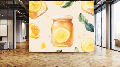 Set of watercolor style lemon fruit and Honey,ginger on color background vector,Hand drawn watercolor illustration and vegetable roots for organic healthy tea and hot winter drink,banner menu drink. Wall mural