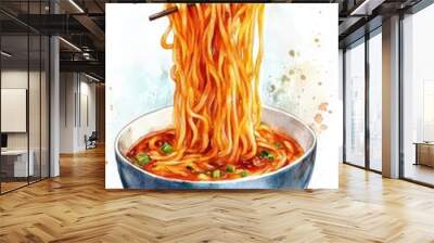 Watercolor Chicken noodle soup or Japanese ramen noodles with vegetables in a bowl on white background,korea noodle and chopsticks that are picking up noodles,vector illustration. Wall mural