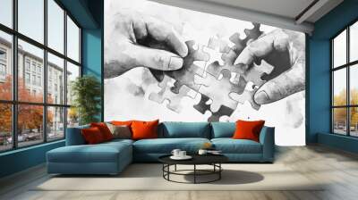 Watercolor of hands of man connecting jigsaw puzzle,Two hands trying to connect couple puzzle,business people putting the jigsaws team together,partnership success,Generative AI,3D render. Wall mural