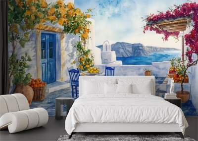 Watercolor of Lemon tree in Traditional greek Santorini house with bougainvillea flowers,Greece islands blue white traditional cafe restaurant architecture,Santorini blue door window,Mediterranean. Wall mural