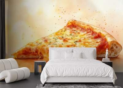 Watercolor of mozarela cheese pizza slice flying being pulled in the air,floating cheesy pizza pieces,Italian pizza,Concept promotional flyer and poster for Restaurants,Vector Design. Wall mural