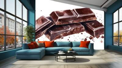 Watercolor Pieces of dark chocolate bar on color background,Broken chocolate bar pieces falling,Dark and milk chocolate,vector illustration,banner sale concept,copy space. Wall mural