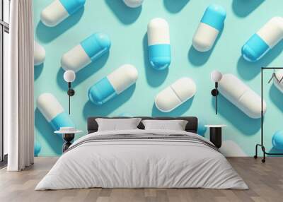 White and blue capsules on blue background,Medicines to combat the epidemic and viruses,tablet grid,Drug, tablet, pills,Global healthcare concept. Antibiotics drug resistance,Pharmaceutical industry. Wall mural