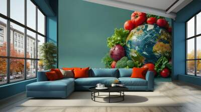 World food day concept with Globe and Various vegetables,world vegetable day,vegetable on the world,fresh different vegetable,vegan day,world food day,copy space. Wall mural