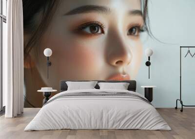 Young Asian woman with Contour and Highlight makeup sample,Young beautiful womman applying makeup using a brush,Professional Contouring face make-up over,Make up woman face. Wall mural