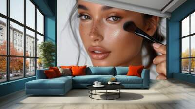 Young Asian woman with Contour and Highlight makeup sample,Young beautiful womman applying makeup using a brush,Professional Contouring face make-up over,Make up woman face. Wall mural