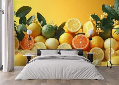 Citrus mix, oranges, lemons, and limes, arranged artfully, 3D illustration Wall mural