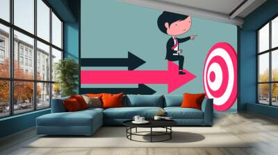 Businessman sit on  to the arrow target, Career, Challenge, Path to the goal, Business concept growth to success, Creative ideas, Reach the target, Cartoon vector and illustration. Wall mural