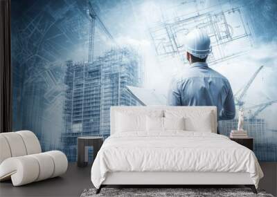 Architect Planning Construction Project with Blueprints and Cranes Wall mural