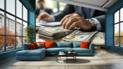 Businessman Counting Cash and Cryptocurrency on Desk Wall mural