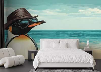 Cool Penguin on Beach Wearing Sunglasses and Hat Wall mural