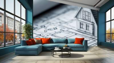 House Model on Architectural Blueprint Wall mural