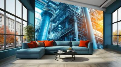 Industrial Building Interior with Pipes  Catwalks  and Light Wall mural