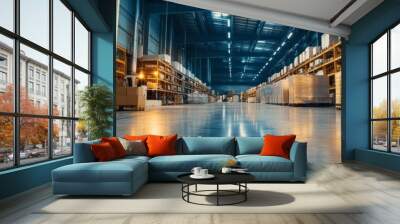 Industrial Warehouse Interior with Pallets of Goods Wall mural