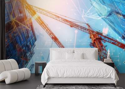 Modern Cityscape Construction Cranes with Network Overlay Wall mural