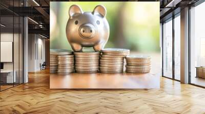 Piggy Bank On Stack Of Coins Financial Success Savings Concept Wall mural