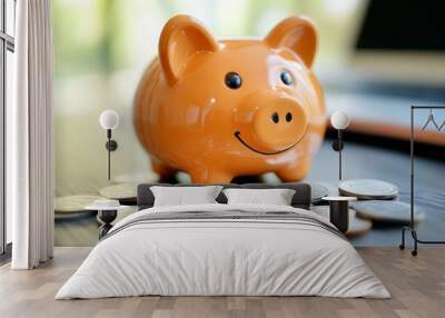 Piggy Bank with Coins on Wooden Table Wall mural