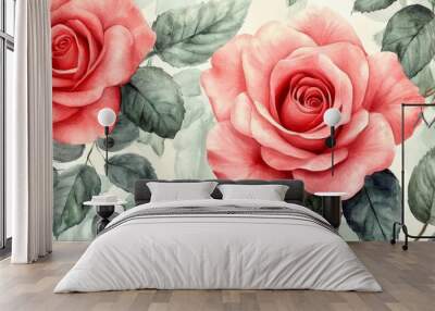 Watercolor Painting of Red Roses with Green Leaves Wall mural