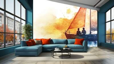 Watercolor Sailboat with People and Sunset Wall mural