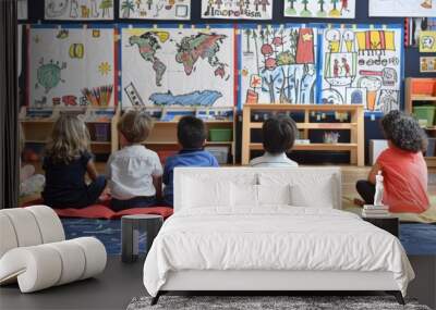 A group of young children sit attentively on the floor of a vibrant preschool classroom, surrounded by colorful educational drawings and materials. Wall mural