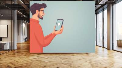 Illustration of a man holding and looking at a smartphone, symbolizing technology use, communication, and digital connectivity in a modern context. Wall mural