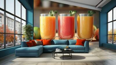 Three vibrant glasses of fresh fruit juices with mint leaves, surrounded by strawberries, oranges, and limes on a wooden table. Wall mural