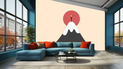 A businessman on the top of the mountain with a sun backdrop. Business concept of vision and success. Vector illustration. Wall mural