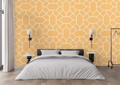 White diamond shape and diagonal line pattern on orange background. Linked diagonal line and hexagon shape. White lattice pattern on orange background. Abstract maze backdrop. Wall mural