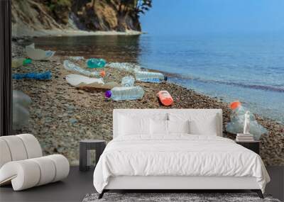 Pollution of the coast of the ocean sea of nature with plastic packaging garbage is an environmental disaster. Wall mural