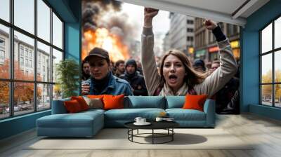 A young female protester raises her clenched fist amidst a fiery cityscape, expressing outrage over social issues Wall mural