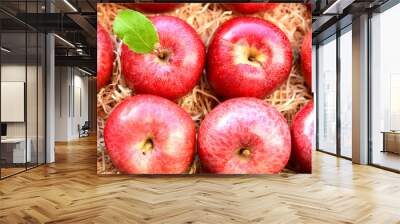 A lot of fresh Red Gala apples with green leaf on Straw or wood wool shavings packaging in the supermarket. Wall mural