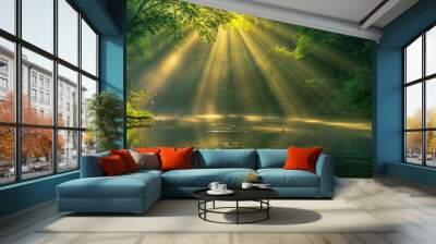 Sun rays reflecting off calm river surface Wall mural