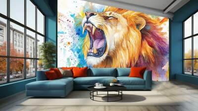 Watercolor Painting of a Roaring Lion Wall mural