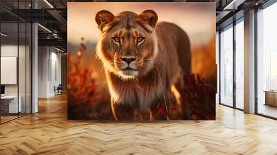 A lioness stands in the savannah at sunset, its golden fur illuminated by warm light. The photo captures her powerful presence and elegant beauty as she walks through tall grasses with red flowers. Wall mural