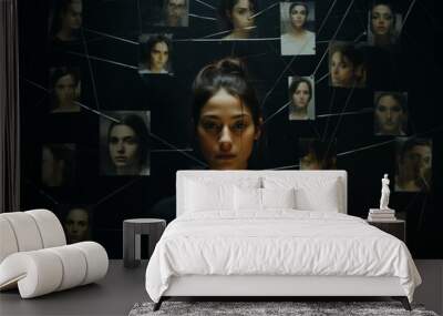 A woman stands in front of a black background, surrounded by small images of different women's faces on the wall behind her. Generative AI Wall mural