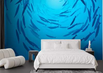 School of fish swimming under water of sea. School barracuda fish swims in underwater. Group of barracuda Fish, vector Wall mural