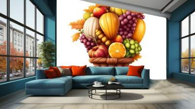 Autumn's Bounty Basket: A cornucopia of colorful fruits and gourds spills from a rustic wicker basket, capturing the warmth and abundance of the fall harvest season.  Wall mural