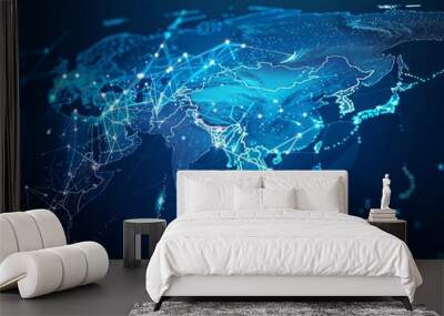 Digital map of Asia, concept of global network and connectivity, data transfer and cyber technology, business exchange, information and telecommunication Wall mural